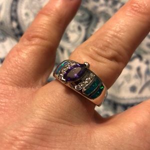 Amethyst, simulated diamond and opal ring